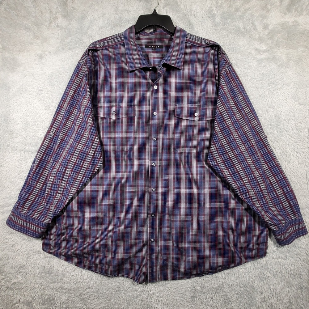 SYNRGY Button Down Shirt Mens 4XL Blue Red Plaid Cotton Long Sleeve